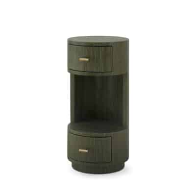 Round lacquered grasscloth end table, olive green, two drawers, polished brass pulls.