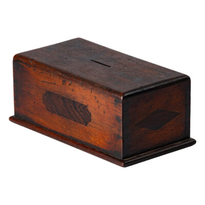 Antique coin box crafted from dark wood, featuring an inlaid panel on one side with six bottom screws for unlocking.
