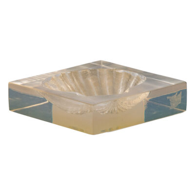 Close-up of vintage Lucite shell soap dish showcasing intricate design and vintage patina.