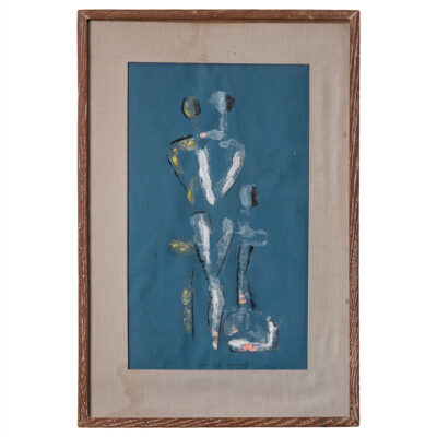 Close-up of vintage oil painting on paper featuring figures in dance, signed by artist in March 1956.