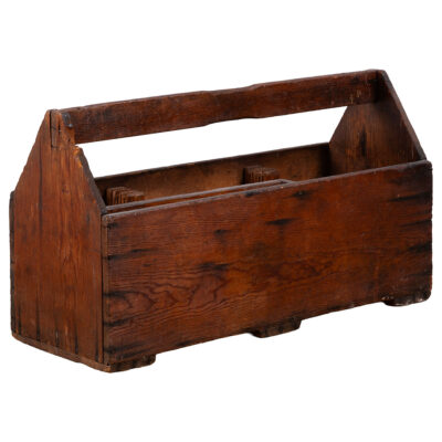 Rustic wooden tool box with top handle, inset for saw placement, aged antique patina, Asheville, NC circa 1900.