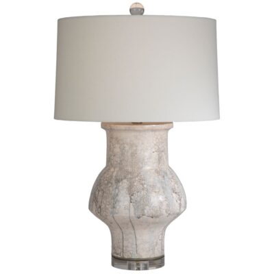 Front view of a hand-made glazed pottery table lamp with sailcloth white shade on acrylic base, featuring three-way switch functionality.