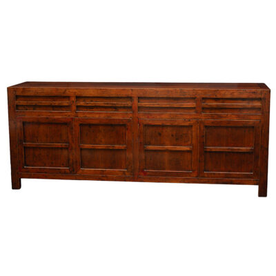 Antiqued lacquered finish on vintage Asian-inspired buffet; four top drawers and doors with aged patina.
