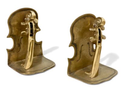 Gold-colored vintage violin bookends, side profile.