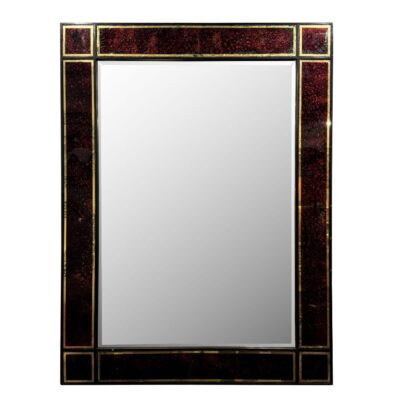 Close-up of hand painted vintage mirror with brass detail, showcasing intricate artistry from circa 1950s.