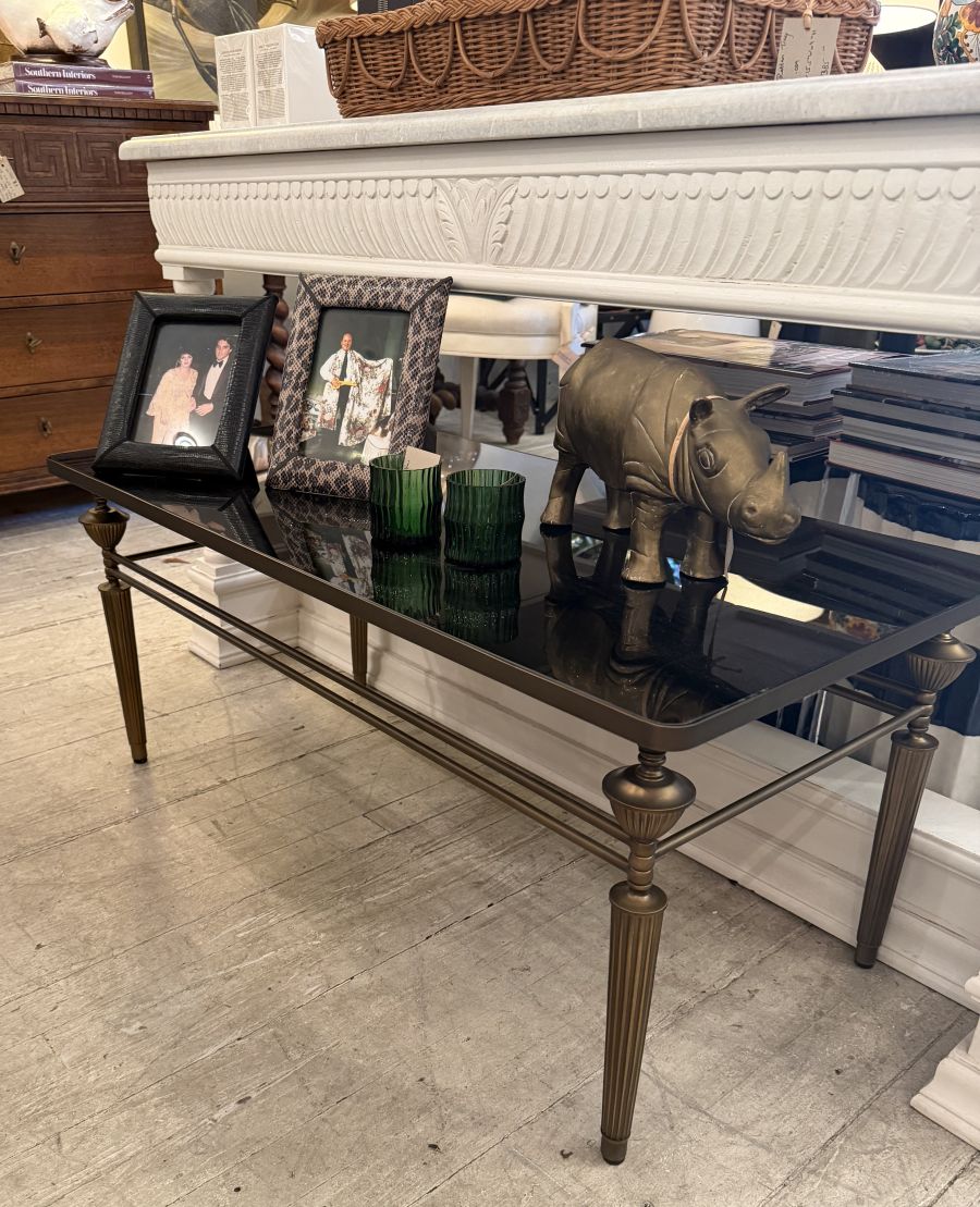 Smoked Glass Coffee Table with Antiqued Brass Base - Image 4