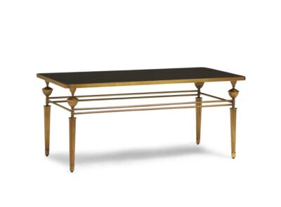 Close-up of Smoked Glass Coffee Table with Antiqued Brass Base in New York City