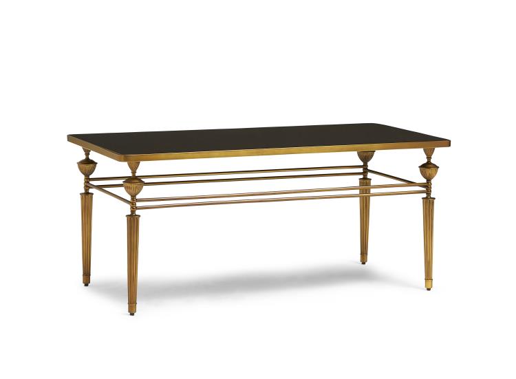 Close-up of Smoked Glass Coffee Table with Antiqued Brass Base in New York City