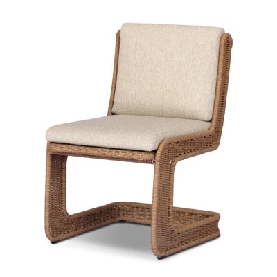 Stylish modern indoor outdoor dining chair with wicker-like design, beige fabric cover.