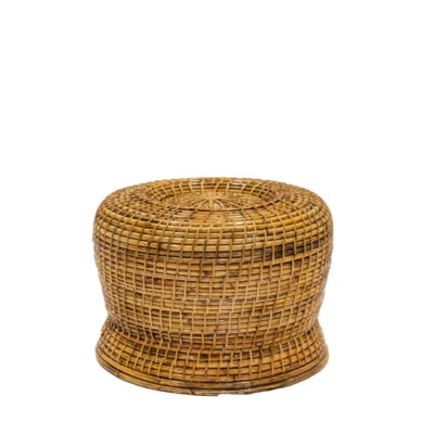 Close-up of wicker ottoman, handwoven, unique design, natural tones.