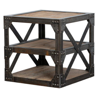 Heavy Reclaimed Wood Side Table, X Metal Design on Two Sides, Two Shelves, 90 lbs.