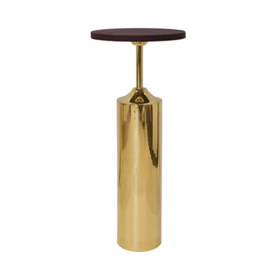 Brass base drink table with brown leather top, close-up.