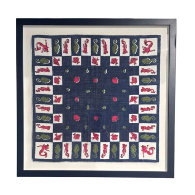 Vintage framed handkerchief featuring mermaid & sea life motif, circa 1930s, in custom blue frame.