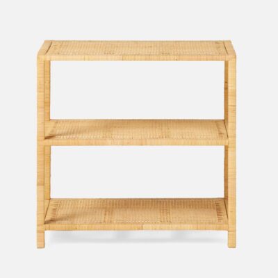 Two-shelf rattan side table in natural finish, perfect for bedroom or living room decor.