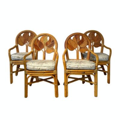 Set of 4 Vintage Bamboo and Rattan Dining Arm Chairs