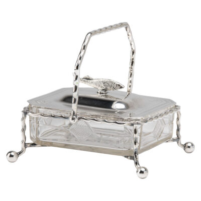 Antique English Silver and Glass Caviar Dish with Fish Finial
