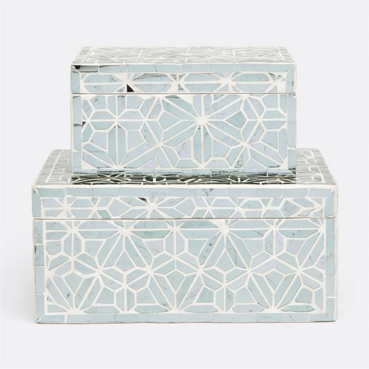 Two decorative mirrored boxes with geometric designs, one large and one small, against a white background.