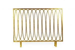 Antiqued gold oval loop iron decorative firescreen with no wire screen in place to trap embers