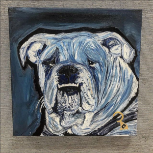 A large hand-painted acrylic portrait of a dog s head and upper body on a canvas with the dog looking directly at