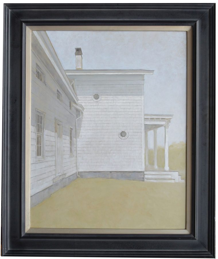 The image is a framed print depicting a two-story house with a prominent chimney set against a clear sky The house has