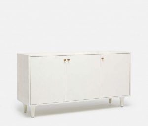White buffet with three doors and a back panel cutout for media components available in castor grey navy off white and pristine