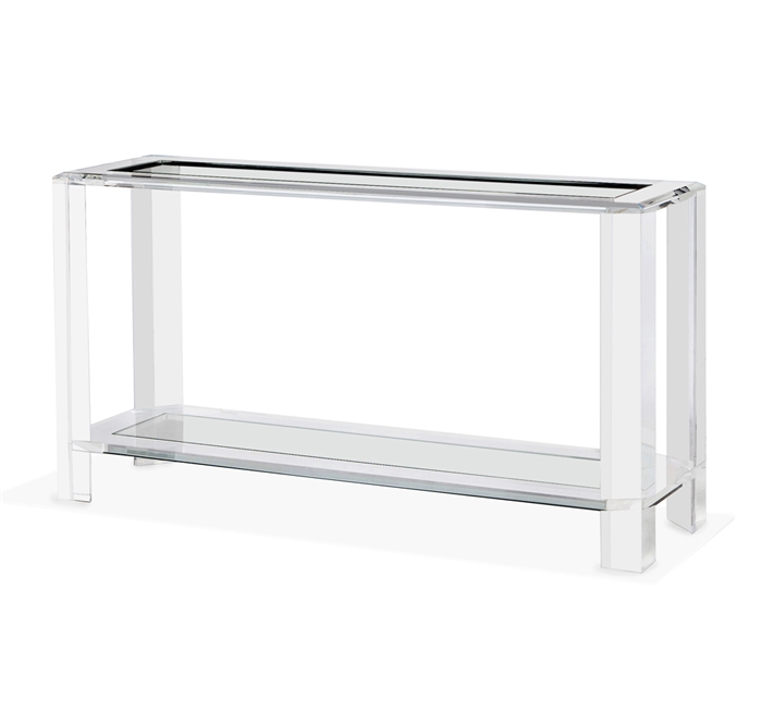 Transparent acrylic console table with glass top and clear frame.