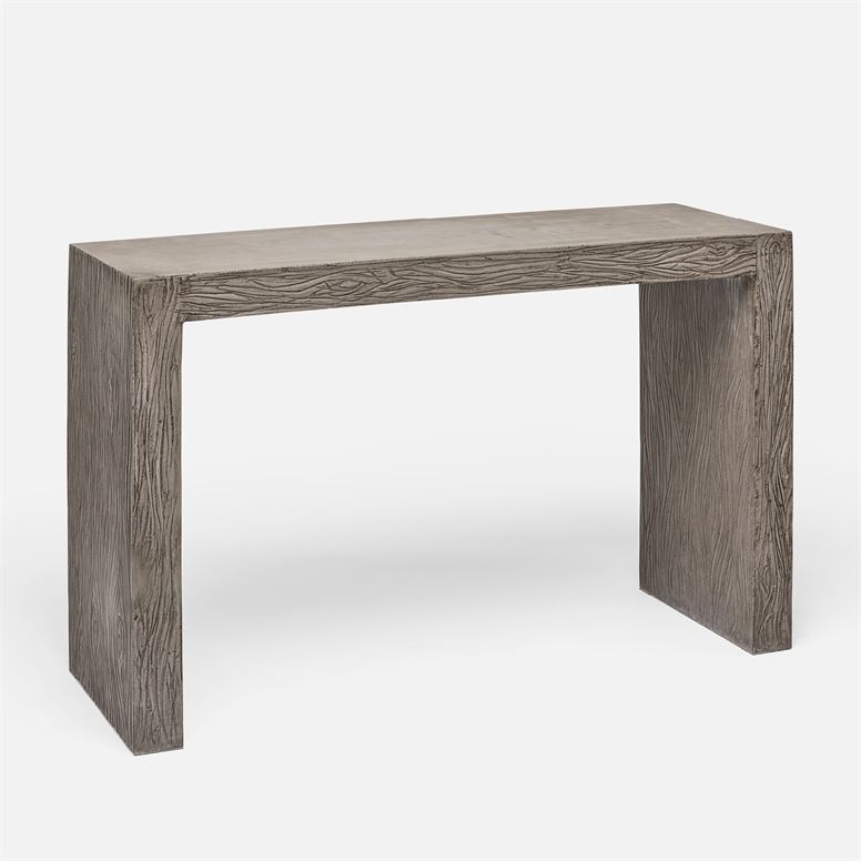 Dark gray etched concrete parsons console table with a rectangular top and straight legs, set against a white background.