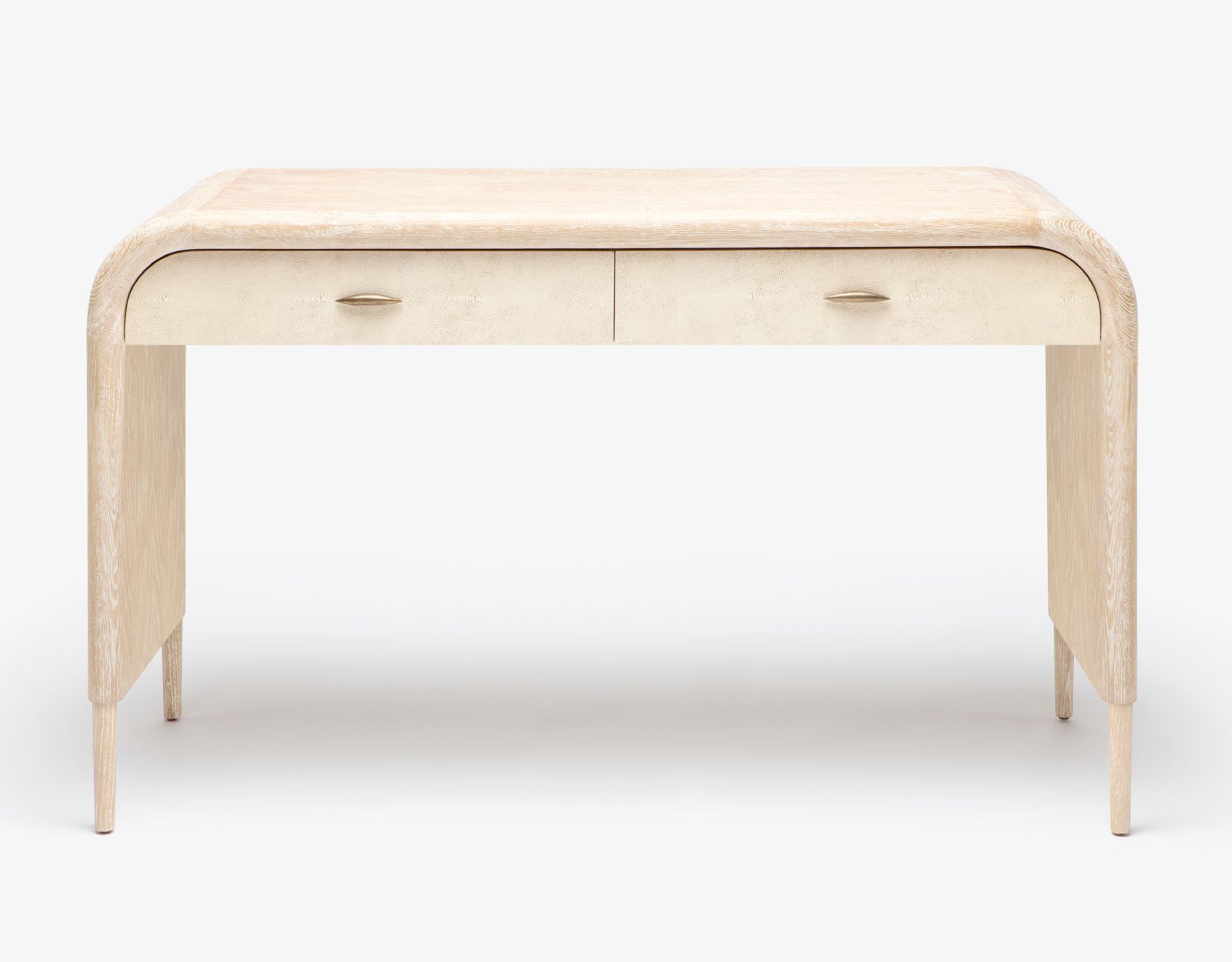 Whitewashed wood and off-white shagreen faux shagreen and cerused oak console or desk with two drawers and brass pulls