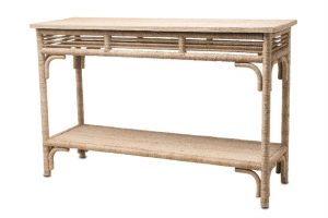 Abaca rope console with Asian style rope band apron, featuring a bottom shelf and intricate detailing.