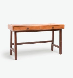 The image features a Kally Camel Leather Desk with two drawers, showcasing its tobacco finished leather base.