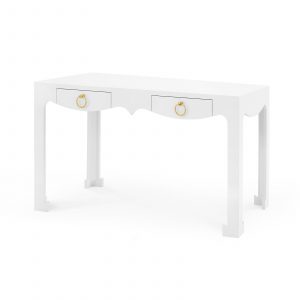 White Hauser desk with two drawers, each featuring a gold finish ring pull and stained interior.