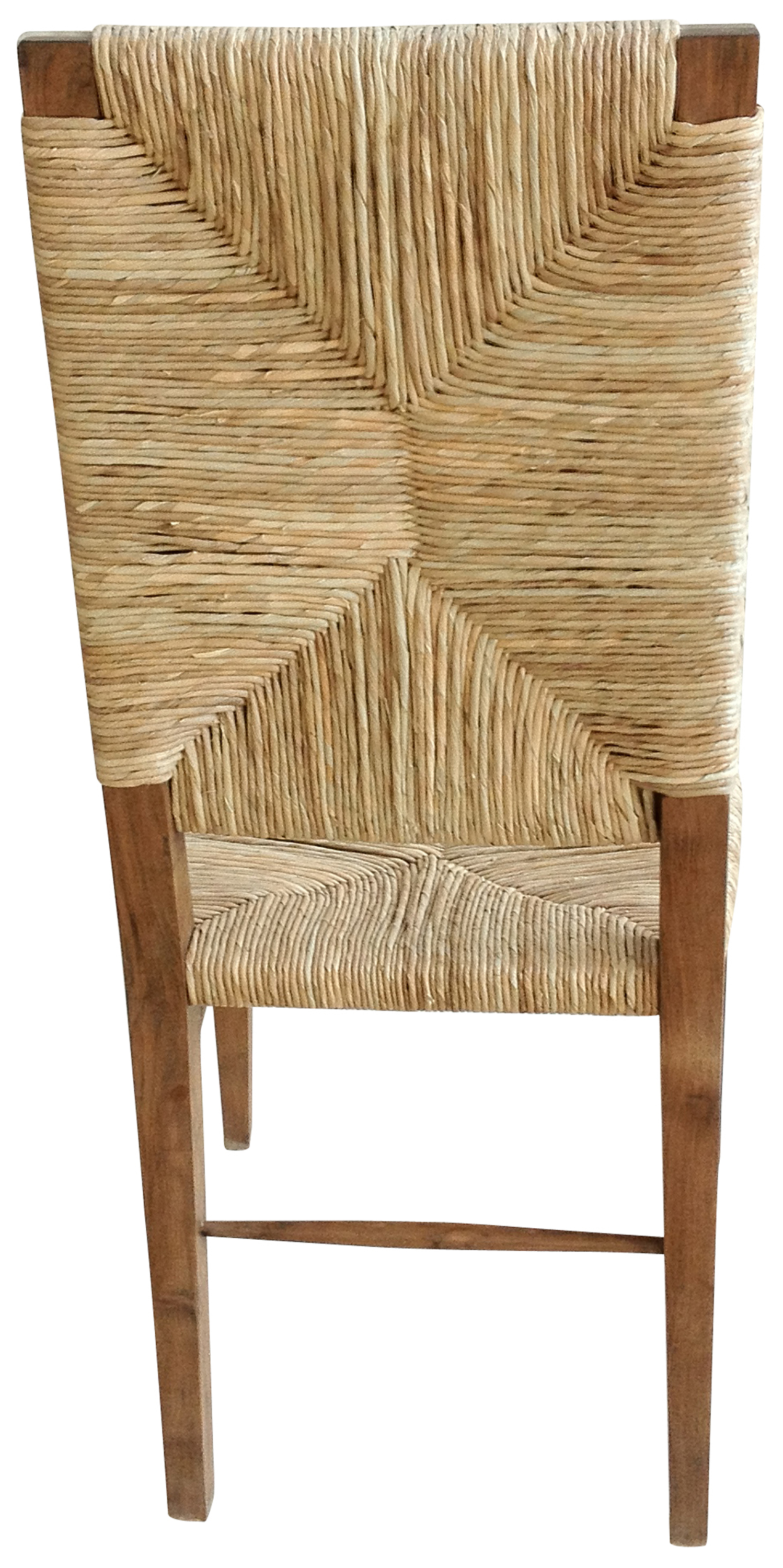 Large wicker chair with a teak frame, featuring a distinctive weave pattern on the seat and backrest.