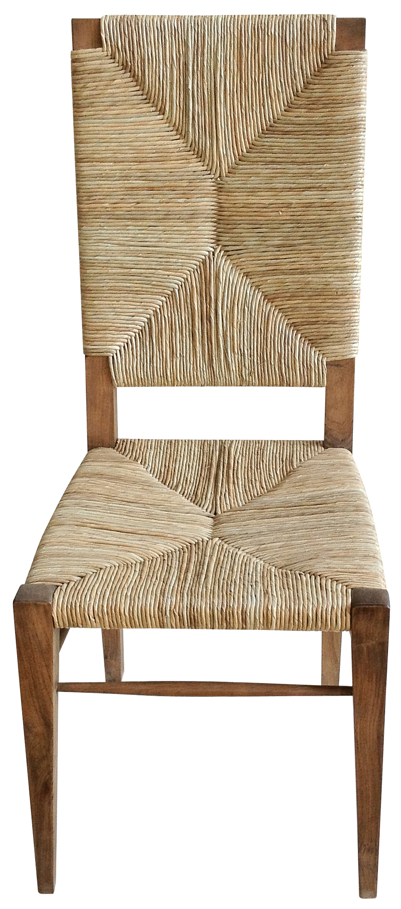 A large dining chair with a woven seat and back featuring teak wood accents and a seagrass texture on the seat and