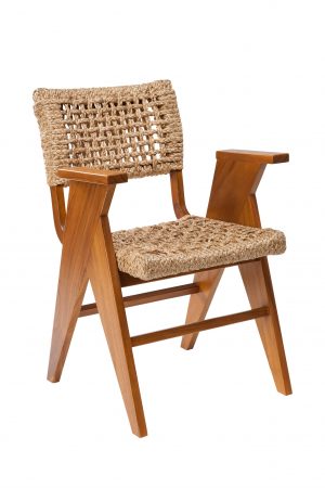 A wooden chair with a woven seat in a teak finish featuring a unique rope design on the backrest displayed against a
