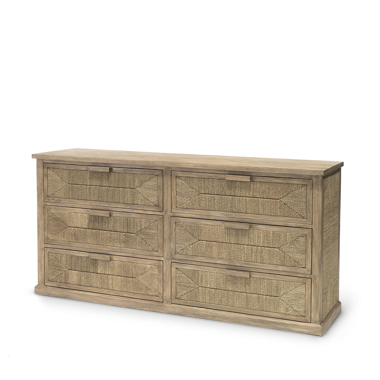 Wooden dresser with six drawers, featuring a rope design on the outer sides and drawer fronts.