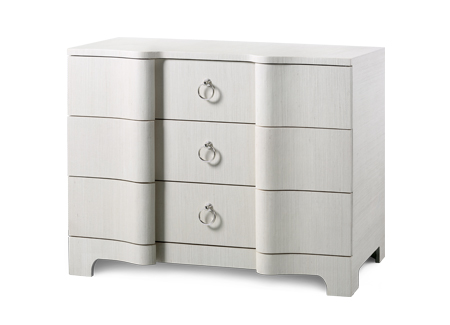 Silver dresser with three drawers, each adorned with a silver ring pull.