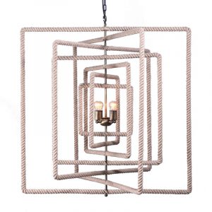 Square chandelier with four bulbs, featuring a rope design and iron frame, hanging from a chain in a room.