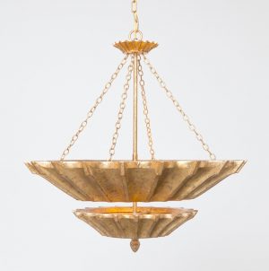 Gold leaf chandelier with a scalloped design, featuring two tiers and hanging from a chain.