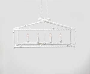 Long white cage chandelier with a modern design, featuring a combination of iron and plaster elements.