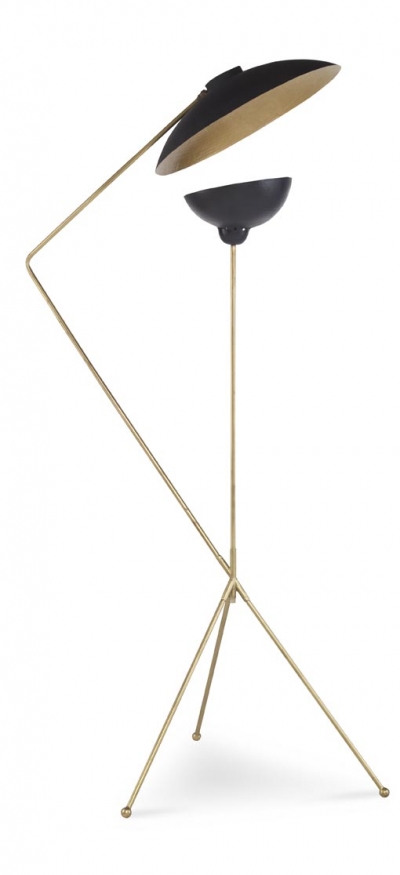 Mid-century style floor lamp with black and brown lamp head gilt reflector one Edison base bulb recommended 40 watt with 60 watt