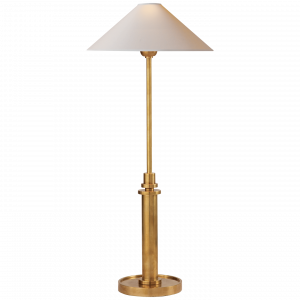 Brass table lamp with adjustable neck and linen shade