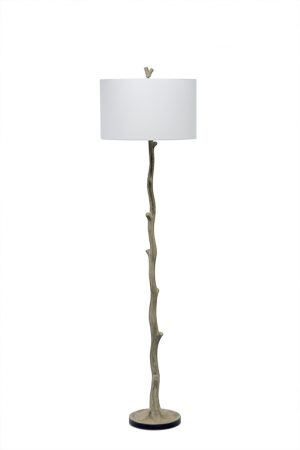Faux bois floor lamp with wrought iron base and off white shade.