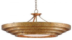 Gold leaf concentric circle chandelier with frosted glass diffuser hiding three lights candelabra base E12 bulbs with 60 watt maximum and one