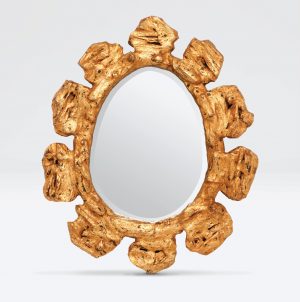 Gold abstract starburst mirror with a distressed finish, featuring a unique geometric design and a round, reflective surface.