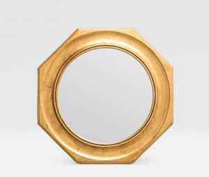 Large gold-framed mirror with an octagonal shape and a hexagon within a circle, set against a white background.