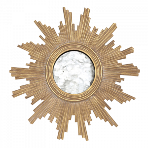 The image displays a decorative wall mirror with an intricate starburst design featuring radiating patterns that resemble rays of light emanating from