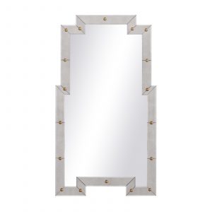 Large rectangular mirror with a metallic frame, featuring copper rivets and D-rings for vertical hanging, set against a white background.
