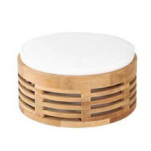 Curved wooden ottoman with a white cushion, suitable for outdoor use, upholstered in canvas fabric.