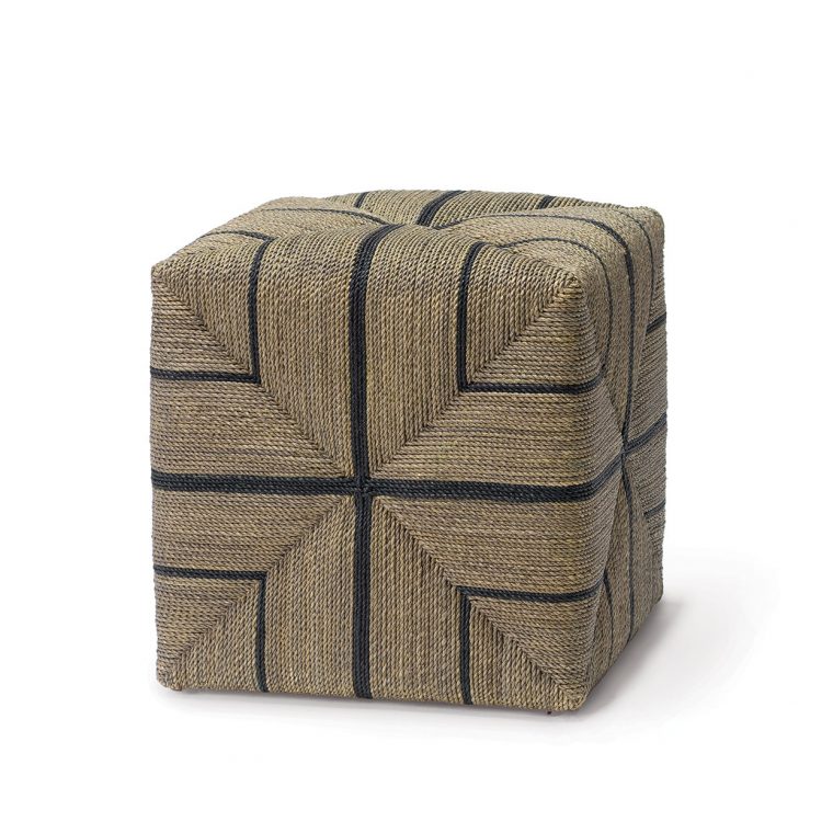 A woven rope cube ottoman with a black stripe detailing, displayed in a showroom setting.