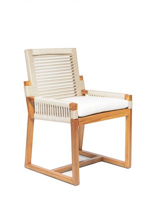 Wayfarer Outdoor Side Chair with double wall back and taupe synthetic rope teak wood frame in natural golden brown finish upholstered seat